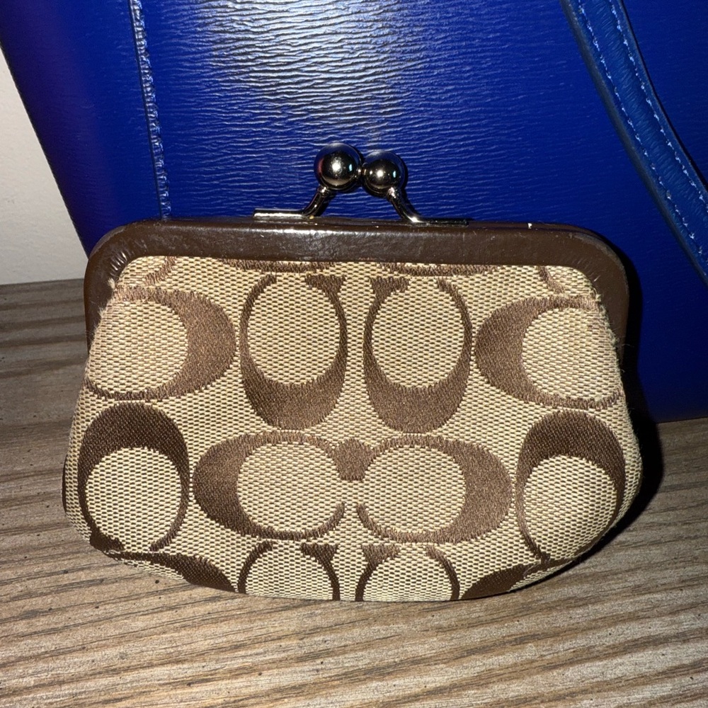 Coach Kisslock Coin Purse in Brown Monogram Canvas